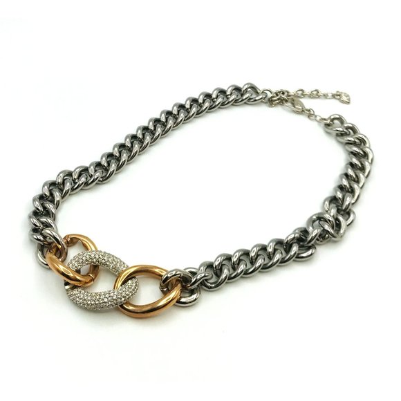 Necklace Chain links silver tone with 2 rose gold loops Swarovski loop in center - Picture 2 of 3
